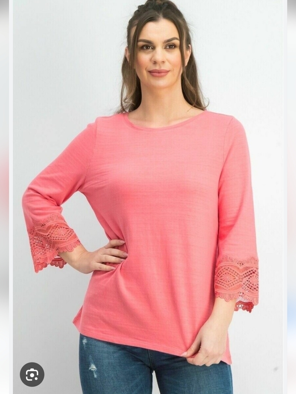 NWT Macy's Charter Club Women's 3/4 Sleeve Top - Coral Crochet Size Small